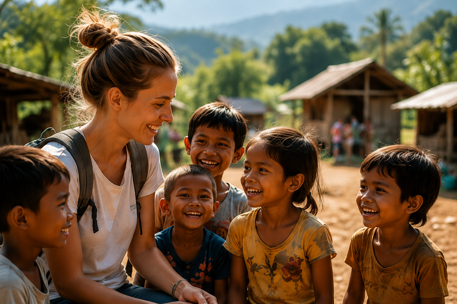 A traveler and children together in a mountain village